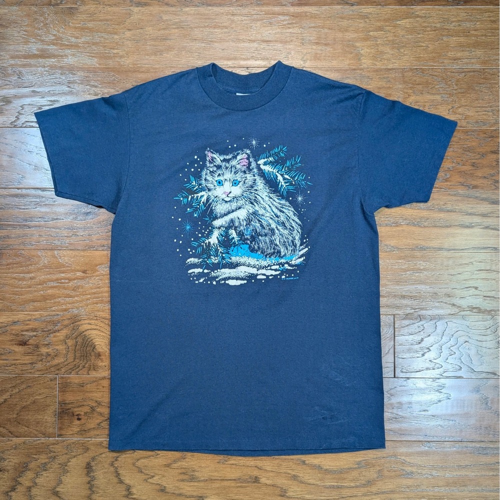 Vintage Winter Cat 1991 Wildside LA T-Shirt‎ XL Navy Blue Single Stitch USA Made